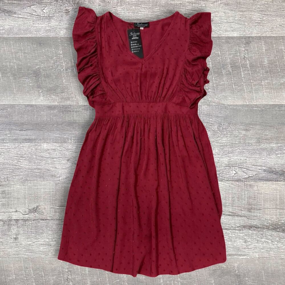 Solarsun NEW Ruffle Sleeveless Mini Dress Womens S Burgundy V Neck Swiss Dot